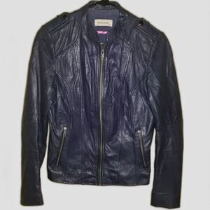 Naf Naf Blue Lambs Leather Biker Jacket 34 XS